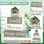 Cinnvoice 4 Pcs Farmhouse Tabletop Decor Rustic Family Blessed Home Table Centerpiece This Is Us Sign for Kitchen Shelf Desk Fireplace Mantel Tiered Tray Decor(Gather Family This is Our Happy Place)