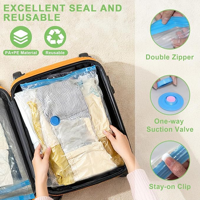 9 Pack Vacuum Seal Bags for Clothing Travel with -60000Pa USB Pump, Save 80% of Space for Clothes (9 Combo)