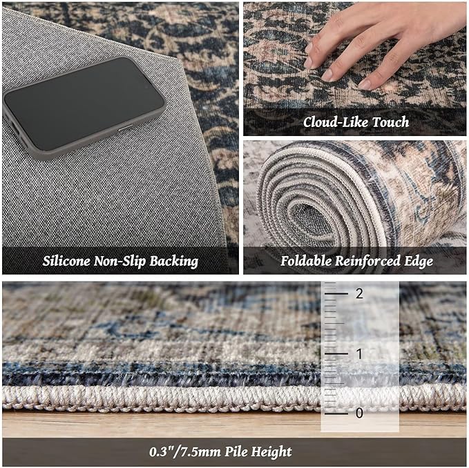 Washable 3x5 Entryway Rug, Boho Non-Slip Vintage Distress Small Rugs for Kitchen Nursery Office Bedroom, 0.3" Neutral Oriental Throw Thin Carpet with Cushioning Pad, Black/Brown/Blue/Multi