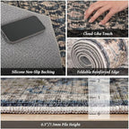 Washable 10x14 Area Rugs for Living Room, Boho Non-Slip Vintage Distress Large Rugs for Bedroom Dining Room Office, 0.3" Neutral Oriental Throw Thin Carpet, Black/Brown/Blue/Multi