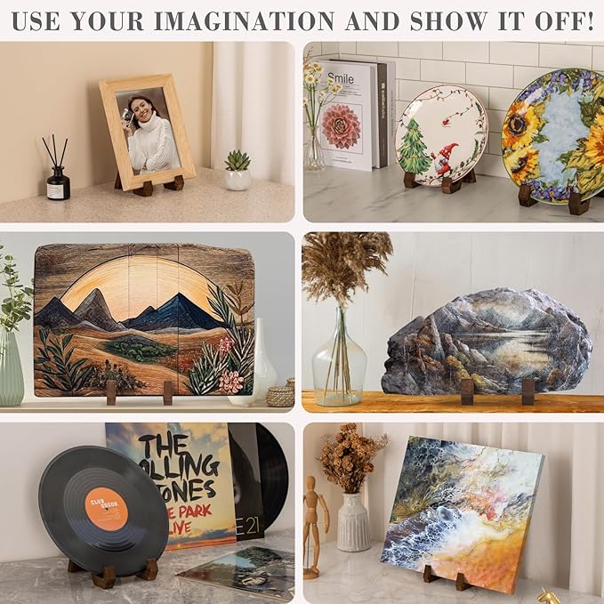 ANBOXIT Plate Display Stand, 3 Pack 4 Inch Plate Holder for Displaying, Decorative Picture Frame Dish Photo Plaque Platter Wood Stand