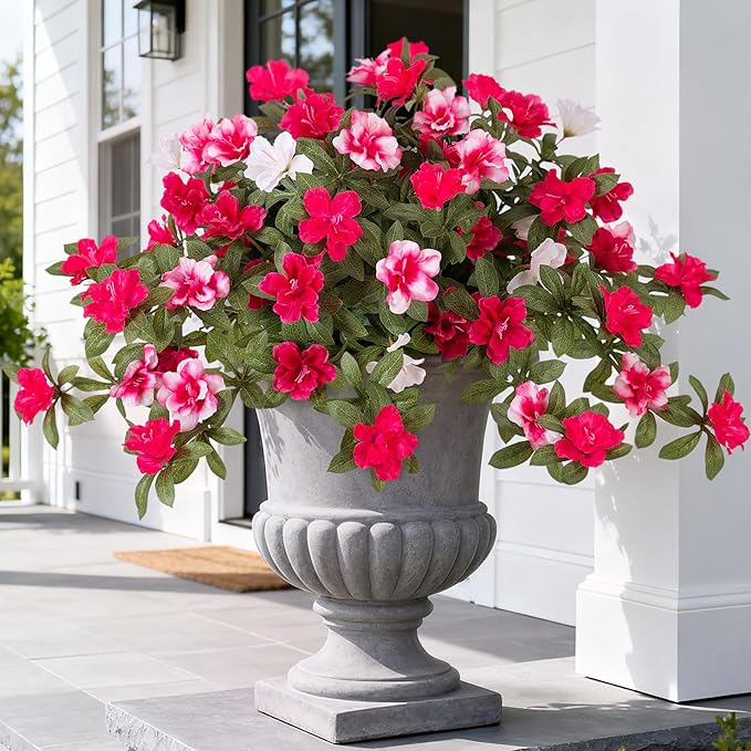 Artificial Fake Azalea Flowers for Outdoor Spring Decoration, Faux Silk Flower for Summer UV Resistant Look Real Plants for Garden Yard Porch Walkway Indoor Decor, 2PCS