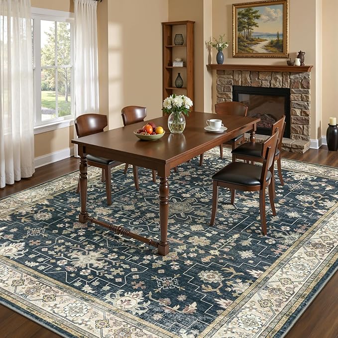Lessymo 8x10 Area Rugs for Living Room, Washable Rug for Bedroom Dining Home Office, Soft Non-Slip Rubber Vintage Black Brown Large Carpet, Boho Distressed Moody Farmhouse Decor