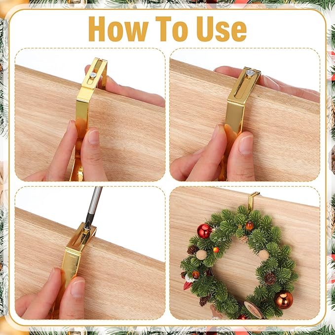 LEIFIDE 4 Pcs Width Adjustable Wreath Hanger for Front Door 1.5-3.78" Large Over the Door 4th of July Decoration Hook 20 Lbs Capacity(Gold)