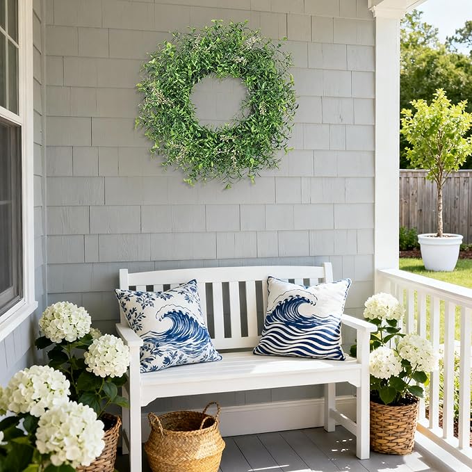 24 Inch Summer Wreaths for Front Door Wreath Spring Outdoor Green Door Wreath for All Seasons Porch Wall Indoor Outdoor Living Room Bedroom Window Farmhouse Home Decoration