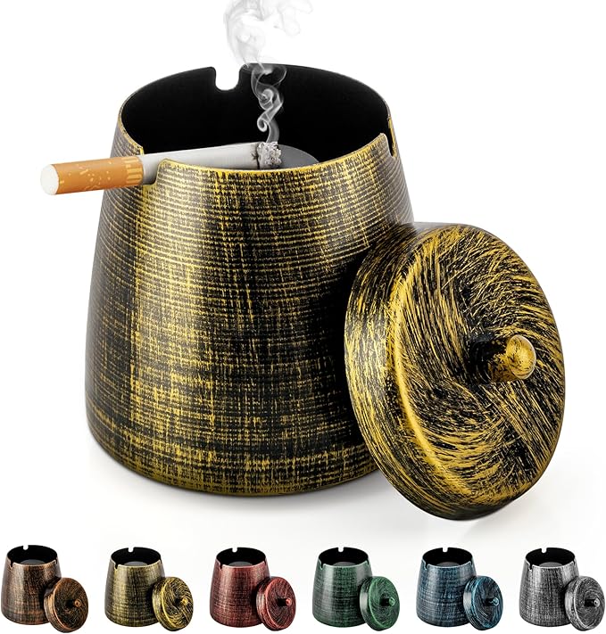 Ashtray for Cigarettes Outdoor, Outdoor Ashtray with Lid, Metal Odorless Windproof Smokeless AshTray for Patio Home Office Tabletop Balcony
