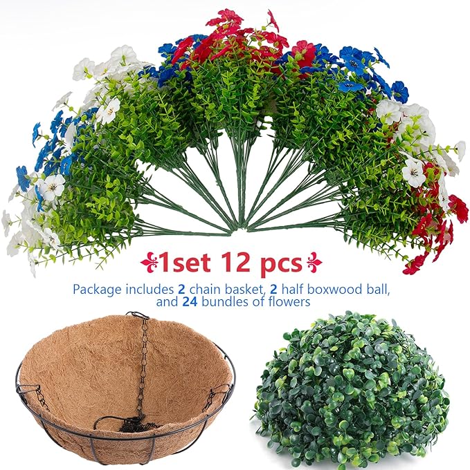 Hananona 2 Set Artificial Outdoor Flowers with Hanging Basket, 2 Hanging Planters with 24 Pcs Flowers for Summer Front Porch Garden Patio 4th of July Home Decor (2, Red, White, Blue)