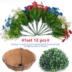 Hananona 2 Set Artificial Outdoor Flowers with Hanging Basket, 2 Hanging Planters with 24 Pcs Flowers for Summer Front Porch Garden Patio 4th of July Home Decor (2, Red, White, Blue)