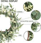 Pinkpum 16'' Eucalyptus Wreath for Front Door, Porch, Window - Green Decor for Home, Farmhouse - Spring, Summer, Fall, All Seasons