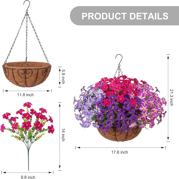 INSPRING Artificial Outdoor Flowers Hanging Baskets Faux Plants Spring Decoration, UV Resistant Fake Silk Morning Glory in Planter Look Real Petunias for Outside Patio Porch Balcony Garden Home, 4Mix
