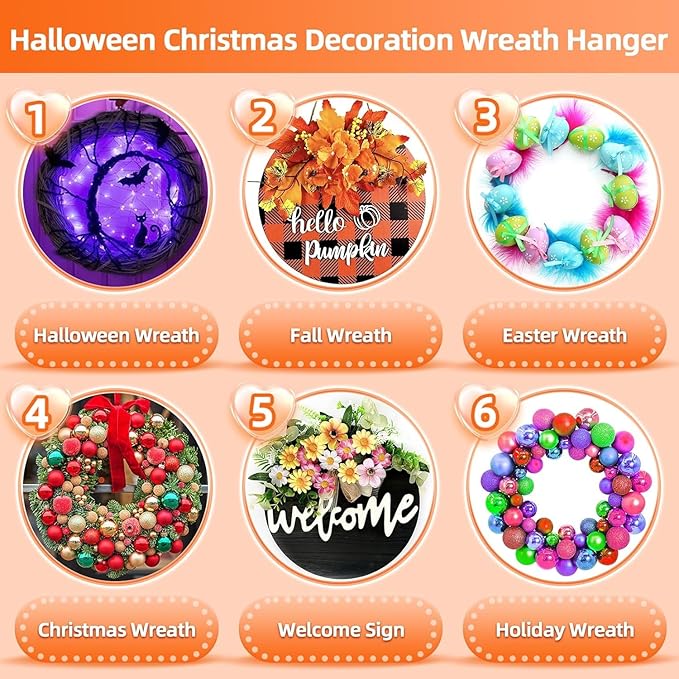 Big Wreath Hangers for Front Door,Large Clear Wreath-Door-Hanger-Easter-Christmas-Halloween-Decorations,60lb Over-The-Door-Hooks Glass Door,Adhesive Wall-Hooks for Hanging Wreath Home-Decor (10)
