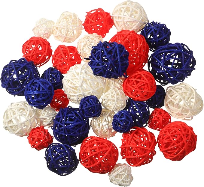 Patelai 36 Pcs Wicker Rattan Balls Decorative Balls for Vase Centerpiece Bowls Orbs Filler for Home Decor,4 Sizes(Royal Blue, White, Red,2.4'',2'',1.6'',1.2'')
