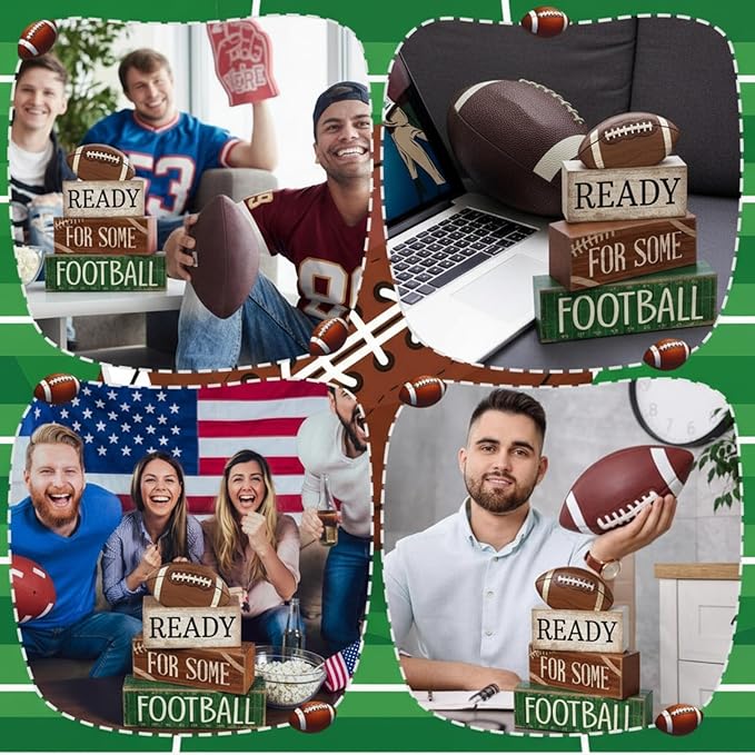 Yuntau 4 Pcs Football Fall Table Decoration Happy Football Wooden Block Sign Rugby Tiered Tray Decor Centerpiece Decorative Faux Book Stack for Holiday Tabletop Fireplace Shelf Desk Party Decor