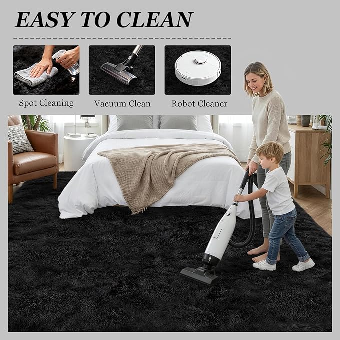 Fluffy 4x6 Area Rugs for Living Room Bedroom: Ultra Soft Shag Rug Non-Slip Non-Shedding Small Plush Bedside Rug Indoor Floor Carpets for Kids Room Playroom Entryway Nursery Dorms Home Decor Black