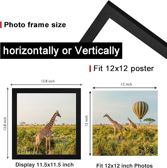 12x12 Picture Frame Set of 5, Black Wooden Frame 12x12 Square Wall Gallery Poster Photo frame with Durable Shatter Resistant Plexiglass,Horizontal and Vertical Formats for Wall Hanging best gift