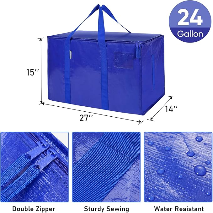 TICONN 12 Pack Extra Large Moving Bags Heavy Duty with Zippers & Carrying Handles, Durable Storage Bags Moving Boxes for Closet Organizers and Storage (12 Pack, Blue)