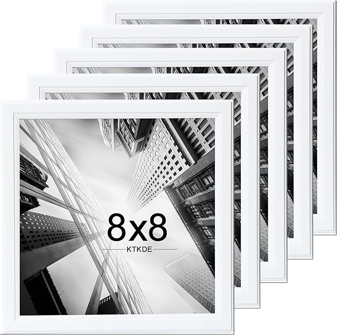 KTKDE 8x8 Picture Frame Set of 5, White Wooden frames, Wall Hanging for Tapletop Display, Best Square Photo Frame Studio Gallery for Photos, Posters & Art Prints