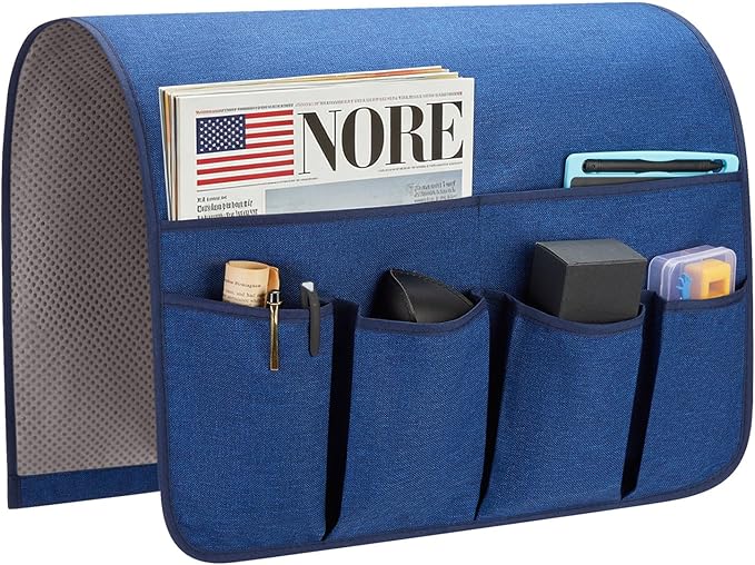 Sofa Armrest Organizer, Remote Control Holder for Recliner Couch, Arm Chair Caddy with 6 Pockets for Magazine, Tablet, Phone, iPad (Blue, W19'' x L33'')