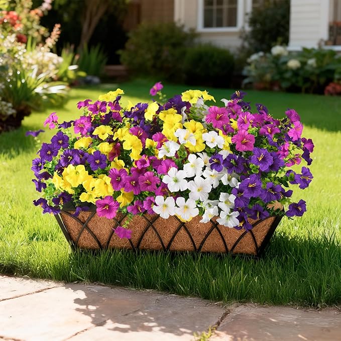 INQCMY Artificial Fake Flowers for Outdoor Spring Decoration,12 Bundles Faux Silk Colorful Morning Glory with Eucalyptus UV Resistant Realistic Fake Plants for Outside Planter Porch Patio Yard Garden
