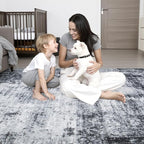 Round Area Rug for Living Room: 4 ft Washable Modern Abstract Soft Thin Rug Indoor Floor No Slip Stain Resistant Carpet for Bedroom Dining Room Farmhouse Nursery Home Office - Dark Black