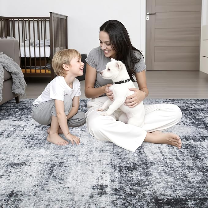 Round Area Rug for Living Room: 8 ft Washable Modern Abstract Soft Thin Rug Indoor Floor No Slip Stain Resistant Carpet for Bedroom Dining Room Farmhouse Nursery Home Office - Dark Black