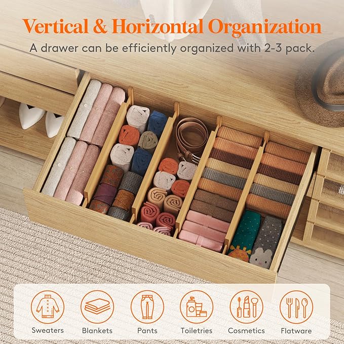 Lifewit 6" High 8 Pack Bamboo Drawer Dividers 45-55cm/17.5-22" Adjustable Wooden Drawer Organizer for Clothes/Utensils, Expandable Drawer Separator for Dresser/Kitchen/Bedroom/Office Organization
