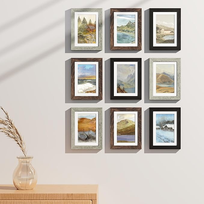 Vittanly 5x7 Picture Frames Set of 9, Display 4x6 Pictures with Mat or 5x7 without Mat, Photo Frames for Wall or Tabletop with Plexiglass, Engineered Wood, Black&Brown&Grey