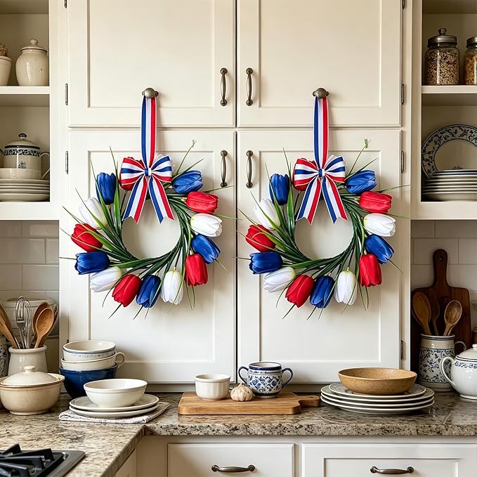 6 PCS 4th of July Hanging Wreaths for Cabinet Small Patriotic Tulip Silk Independence Day Wreaths for Front Door with Red White and Blue Flower Memorial Day Labor Day Candle Wreath for Home Wall Decor