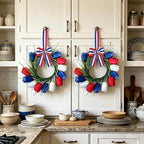 6 PCS 4th of July Hanging Wreaths for Cabinet Small Patriotic Tulip Silk Independence Day Wreaths for Front Door with Red White and Blue Flower Memorial Day Labor Day Candle Wreath for Home Wall Decor