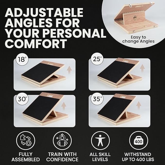 14″ Wide Premium Portable Wooden Slant Board, Thicker Bottom – Professional Adjustable Calf Stretching, Beginner & Rehab Friendly, Exercise Guide and Bonus Muscle Roller, Squats, Physical Therapy