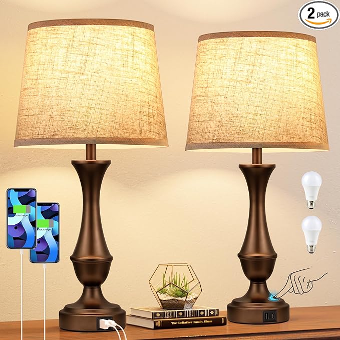 Seealle Upgraded Touch Lamps for Night Stands Set of 2 - Bedside Lamps with USB C+A, 3 Way Dimmable for Bedroom Living Room End Tables Office (Beige& Brown)
