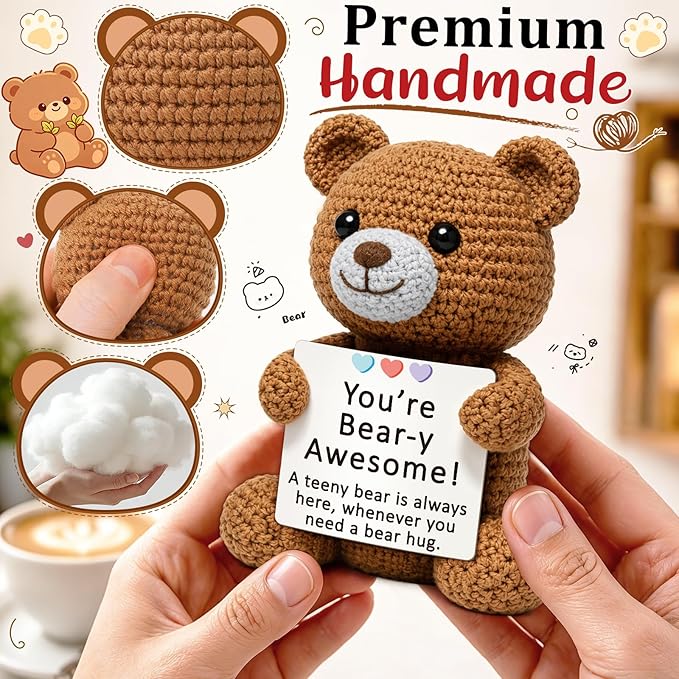 Positive Crochet Bear Gifts for Women Men, Emotional Positive Support Gift for Friend Coworker, Cute Mini Bear Desk Decor, Inspirational Thinking of You, Small Comfort Gift for Stress Relief
