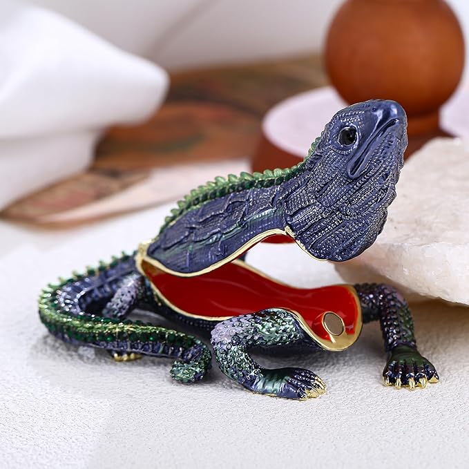 Hand Painted Lizard Trinket Box for Home Decor Accents, Enamel Hinged Jewelry Box for Bookshelf Office Table Desk Decoration, Classical Figurine Collectible Keepsake Animal Sculptures (Lizard)