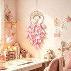 Dream Catcher Wall Hanging for Girls Bedroom Decoration,Pink Dream Catchers for Kids Room Decor Art Craft Gift, Handmade Feather Wall Decor Hanging Ornament(Pink)