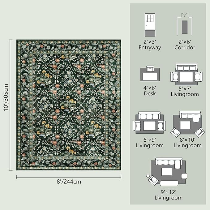 Vintage Botanical Dark Green Area Rug 8x10 Elegant Floral Pattern, Durable Stain-Resistant Fabric, Perfect for Living Room, Bedroom, Dining Room Decor
