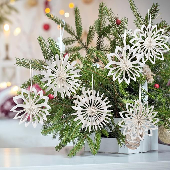 EASY JOY 9Pcs Christmas Hanging Decorations-White Snowflakes Ornaments 3D Christmas Winter Decorations Pure White Hanging Snowflake Decoration for Christmas Tree Garland Winter Home Window Room