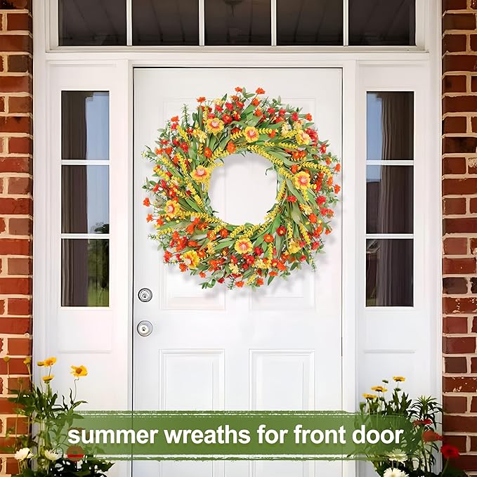 26" Floral Wreath, Artificial Spring Wreaths for Front Door, with Wildflower Portulaca Flowers, Indoor Outdoor Porch Window Wall Home Decor for Valentine’s Day Easter, Summer & Wedding Orange