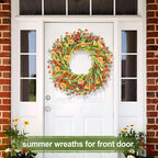 26" Floral Wreath, Artificial Spring Wreaths for Front Door, with Wildflower Portulaca Flowers, Indoor Outdoor Porch Window Wall Home Decor for Valentine’s Day Easter, Summer & Wedding Orange