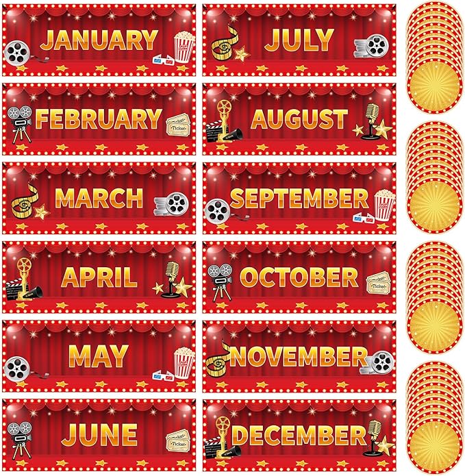 Zonon 48 Pcs Months of the Year Bulletin Board Set 12 Monthly Headliners Holiday Seasonal Monthly Bulletin Board Borders with 36 Round Blank Confetti Cutouts for Classroom(Movie Night Style)
