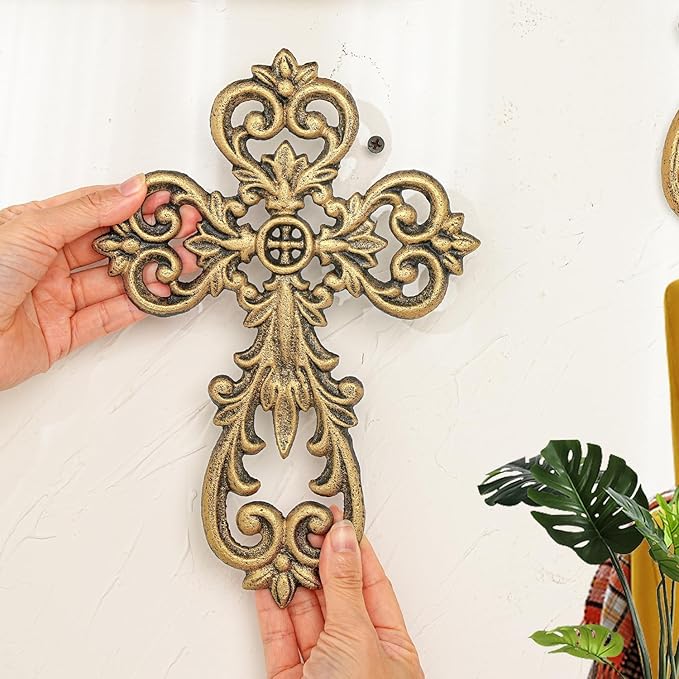 Sungmor Vintage Cast Iron Cross Wall Decor, 9.8" Tall Heavy Duty Rustic Gold Finish Wall Sculpture,Ornate Metal Art Farmhouse Home Decor