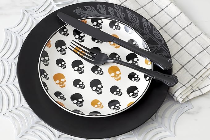Oneida Dinnerware Set, Vintro Halloween Accent Plates, Assorted Set of 4, Porcelain, Dishwasher Safe, Microwave Safe, Halloween Decor Indoor, Skulls, Pumpkins, Spooky Decorative Plates (4 Piece)
