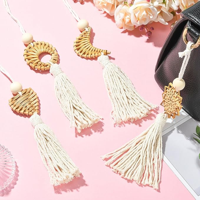 LiQunSweet Handmade Rattan Weave Cotton Rope Tassel, 4Pcs, 25x4.5cm, for Bag Charms, Keychains, Home Decor & Craft Projects