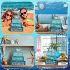 Yuntau 4 Pcs Summer Table Decorations Beach Tiered Tray Decor Starfish Coastal Rustic Wooden Block Sign Stacked Book Nautical Table Centerpiece for Farmhouse Home Living Room Office Desk Shelf Mantel