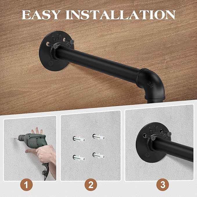ERYTLLY Industrial Pipe Wall Mounted Clothes Rack,21.2 Inches Heavy Duty Detachable Garment Rack,Multi-purpose Hanging Rod for Closet,Set of 2,Black