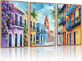 KAlRNE Vintage Cityscape Framed Canvas Wall Art Set of 3(16”X24”),Watercolor Street Scenery Wall Decor,Colorful Tropical Building Painting,Texture Botanical Art Prints For Living Room Bedroom Office