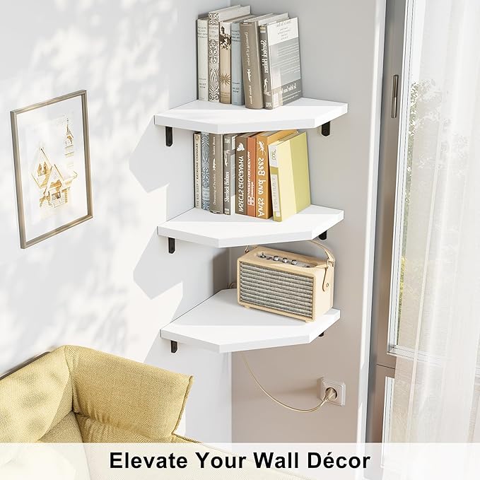 Alsonerbay Corner Wall Shelf Set of 3 Corner Shelf Wall Mount, Solid Wood Corner Floating Shelves with Cable Hole for TV Accessories, Speaker, Game Console for Bedroom, Living Room, Bathroom White