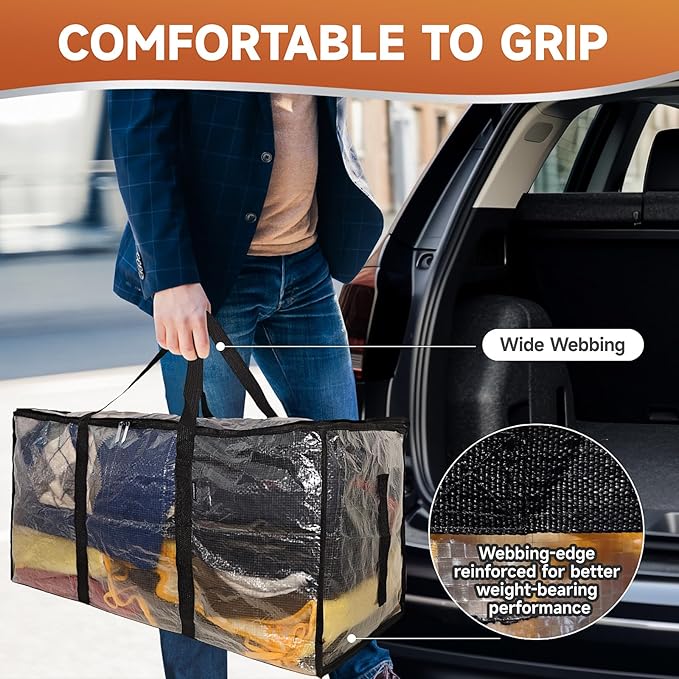 CONGREGATE 8 Pack Extra Large Moving Bags with Zippers and Carrying Handles, Heavy-Duty Storage Tote Moving Boxes for Space Saving, Semi-Transparent 97L/25.6Gal (28.7"x13.7"x15")