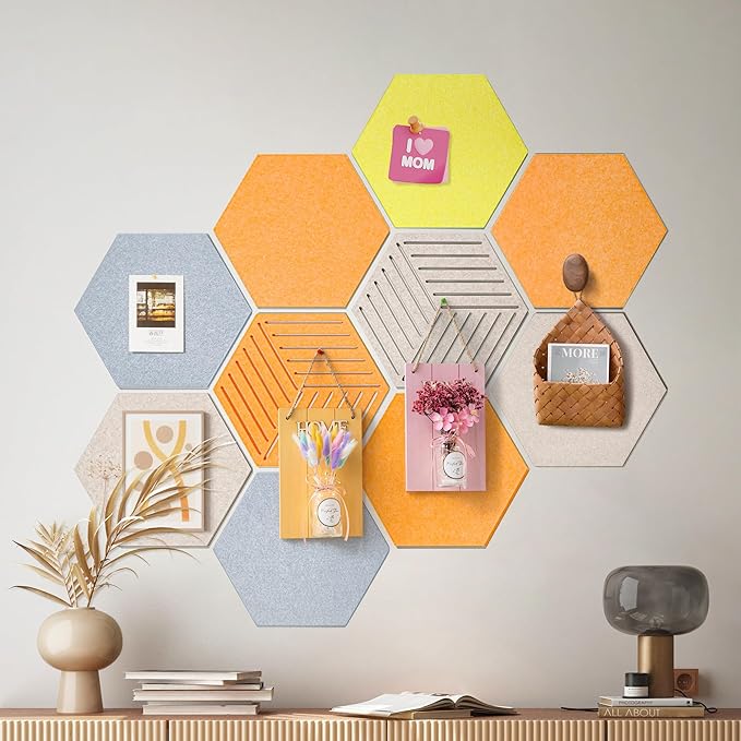 12'' Hexagon Cork Board Tiles Alternative, 10 Pack Frameless Felt Bulletin Board Tiles, Removable Corkboard for Wall, Decorative Pin Board for Office Wall Decor, Vision Board with 30 Pushpins