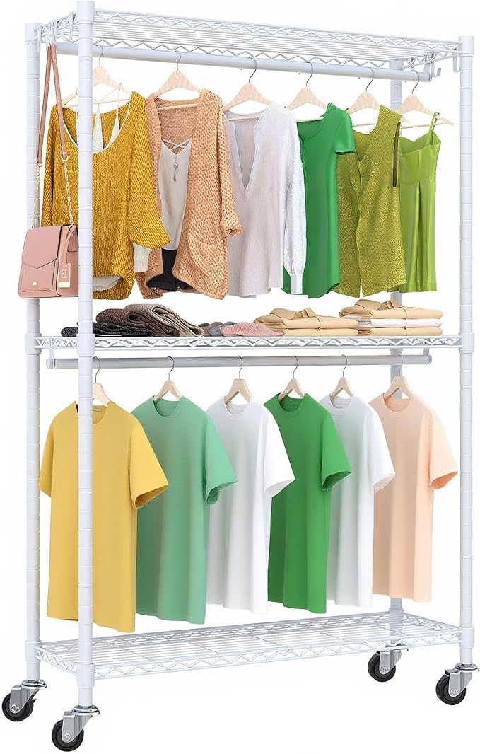 Rolling Garment Rack with Wheels, Heavy Duty Clothing Rack for Hanging Clothes, Load 480 LBS Metal Closet Rack Double Hanging Rods Portable Closet for Bedroom Storage, H2 Plus, White