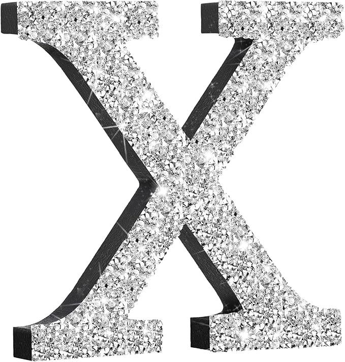Qunclay 5.7" Silver Crystal Diamond Bling Letters Crushed Diamond Decoration Wooden Glitter Letter with Screw and Hooks Rhinestone Gift for Wedding Y2k Mcbling Bedroom Wall Decor (Letter X)